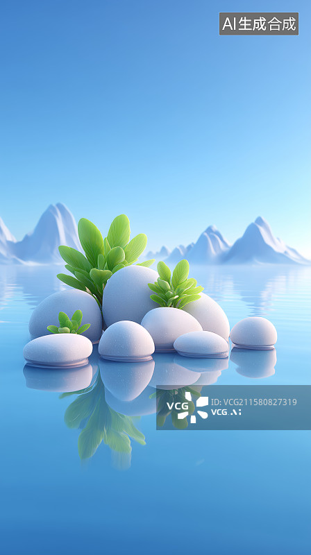【AI数字艺术】静谧湖面与石上绿植图片素材