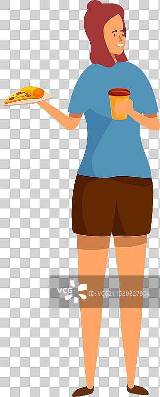 年轻女性手持披萨片和咖啡杯图片素材