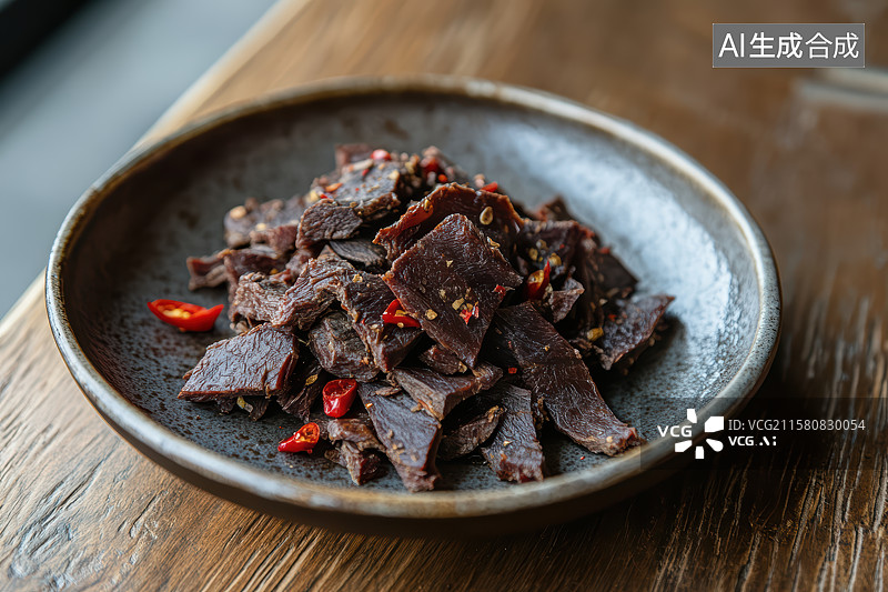 【AI数字艺术】木桌上陶瓷盘子里的风干牦牛肉图片素材