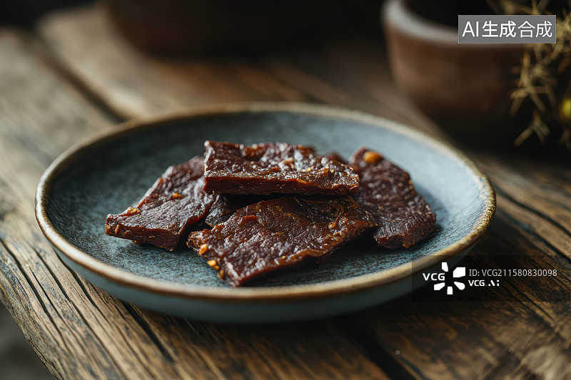 【AI数字艺术】木桌上陶瓷盘子里的风干牦牛肉图片素材