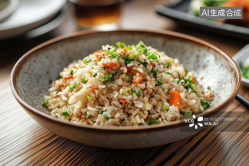 【AI数字艺术】木桌子上陶瓷盘子里的扬州炒饭图片素材