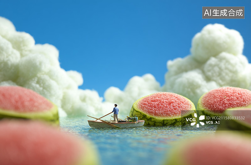 【AI数字艺术】西瓜海洋上的划船人图片素材