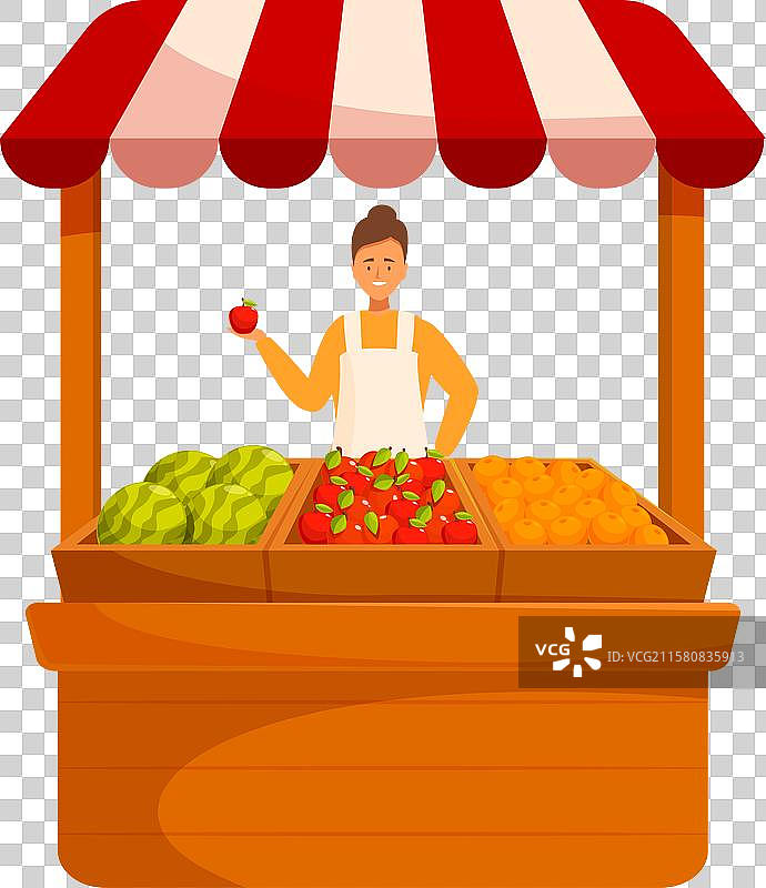 微笑的女销售员手持苹果在她的水果摊前图片素材