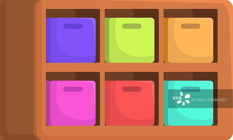木制架子上放着五颜六色的储物箱图片素材