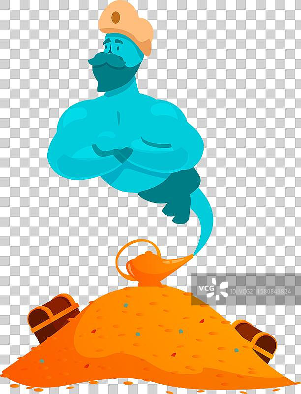 蓝色精灵从魔法灯中出现，周围是宝藏图片素材