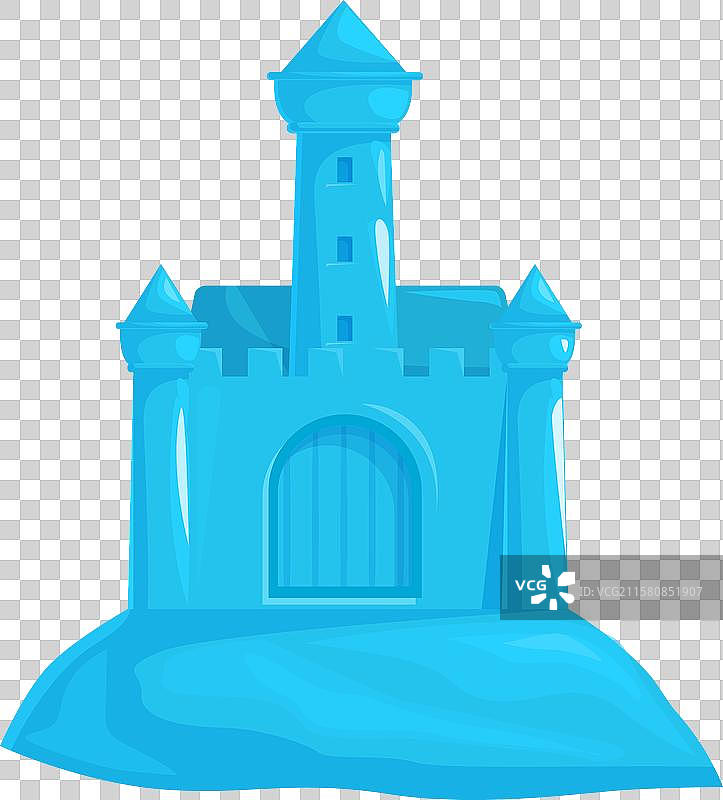 蓝色城堡矗立在山丘上，带有塔楼和大门图片素材
