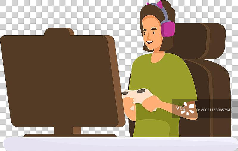 年轻的游戏女孩在桌面上玩视频游戏图片素材