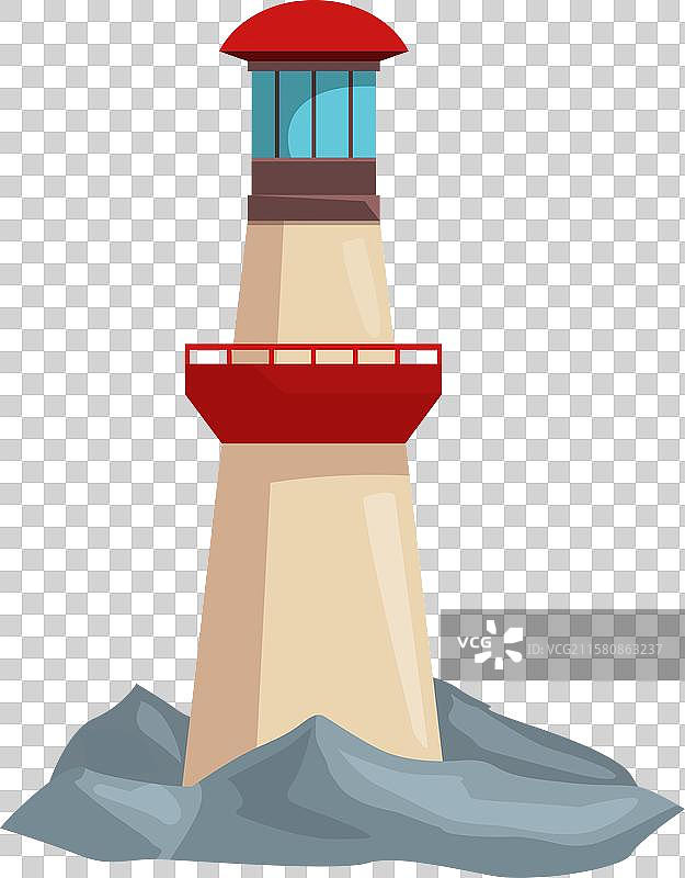 红白相间的灯塔矗立在岩石上，指引方向图片素材