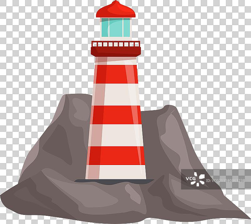 经典的红白相间灯塔矗立在岩石上图片素材