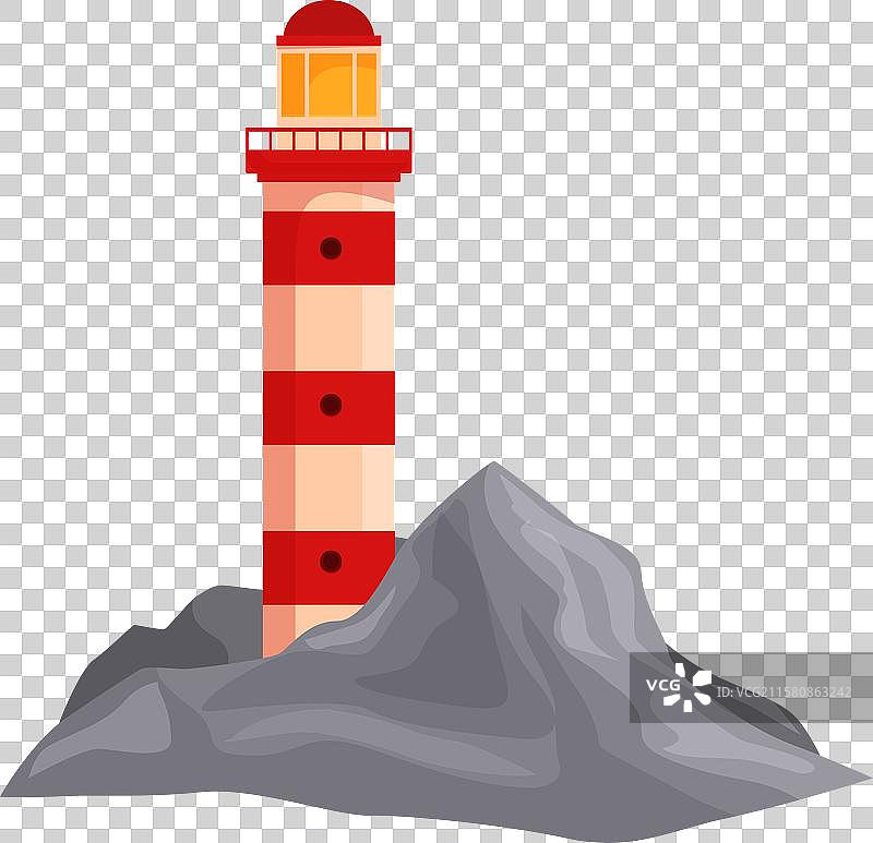 红白相间的灯塔矗立在岩石海岸上图片素材