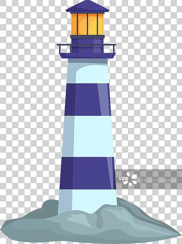 高耸的蓝白相间灯塔矗立在岩石上图片素材