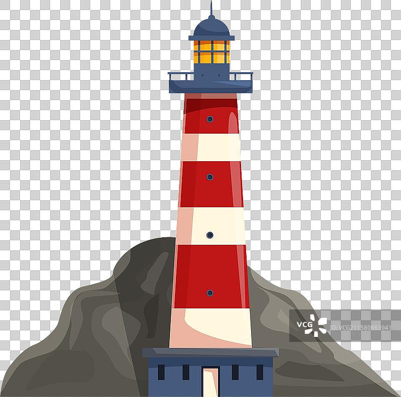 红白相间的灯塔矗立在岩石海岸上图片素材