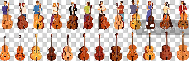 低音提琴图标集，音乐家手持弦乐器图片素材