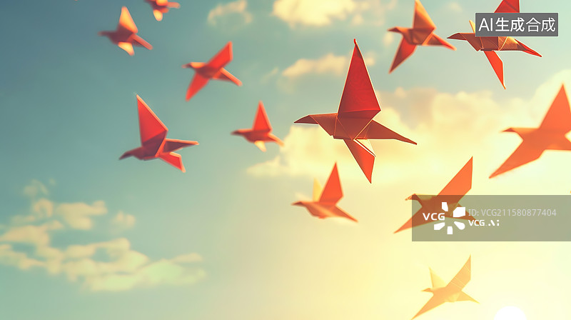 【AI数字艺术】天空中飞翔的千纸鹤——梦想与希望概念图片素材