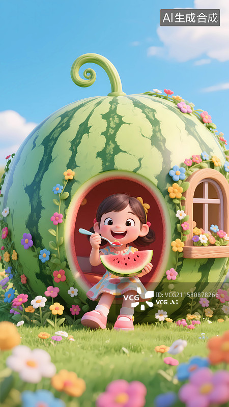 【AI数字艺术】西瓜屋前吃西瓜的小女孩3D卡通插画图片素材