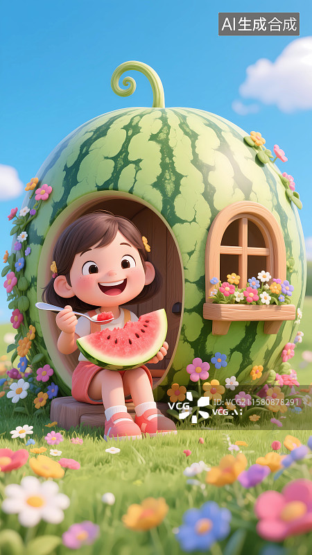 【AI数字艺术】西瓜屋前吃西瓜的小女孩3D卡通插画图片素材