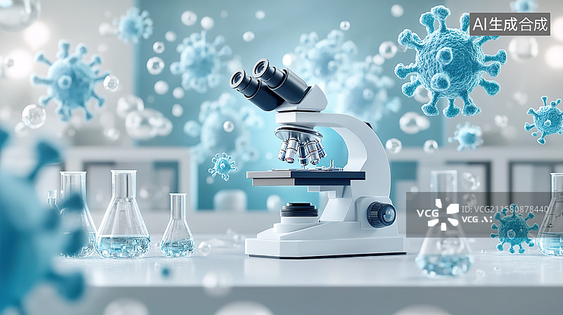 【AI数字艺术】实验室电子显微镜和细菌病毒插画图片素材