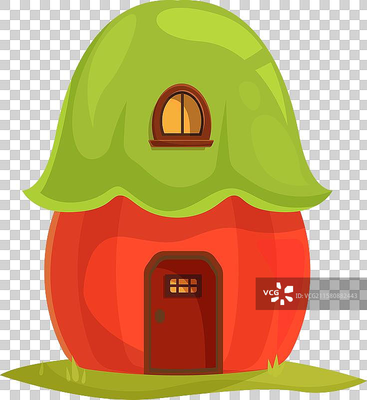 红色幻想房屋，绿色屋顶矗立在上面图片素材