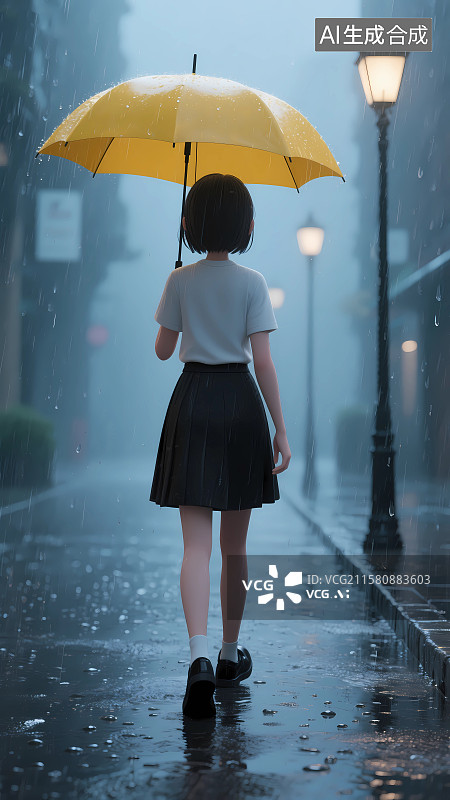 【AI数字艺术】夏季雨天撑伞行走的女孩3D卡通插画图片素材