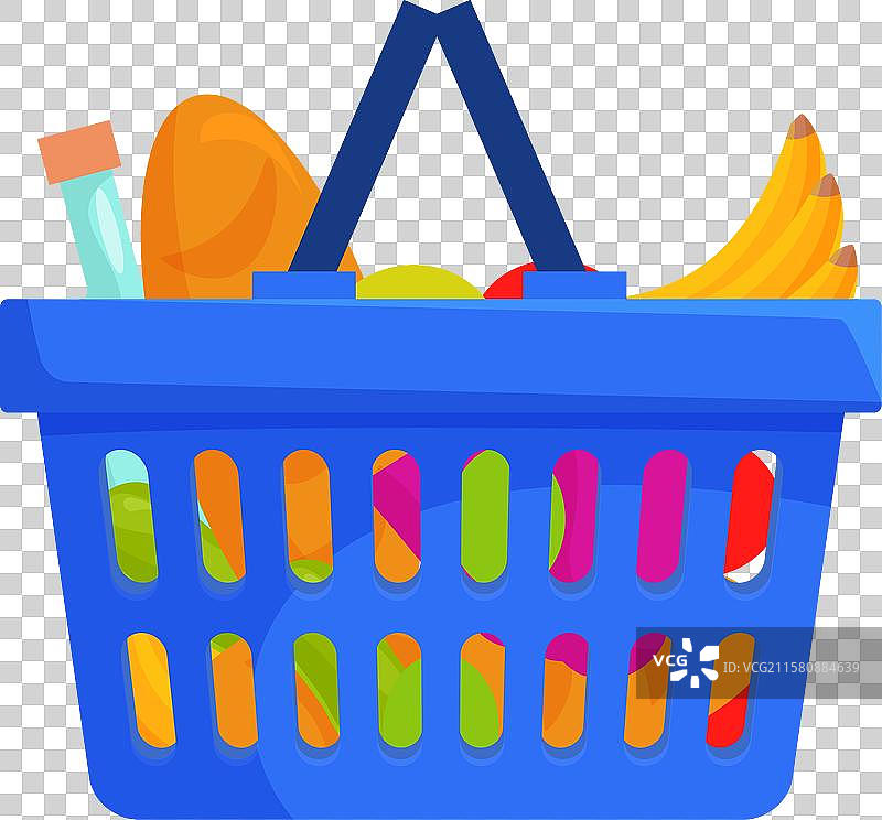 装有手柄的蓝色购物篮，里面满是杂货图片素材