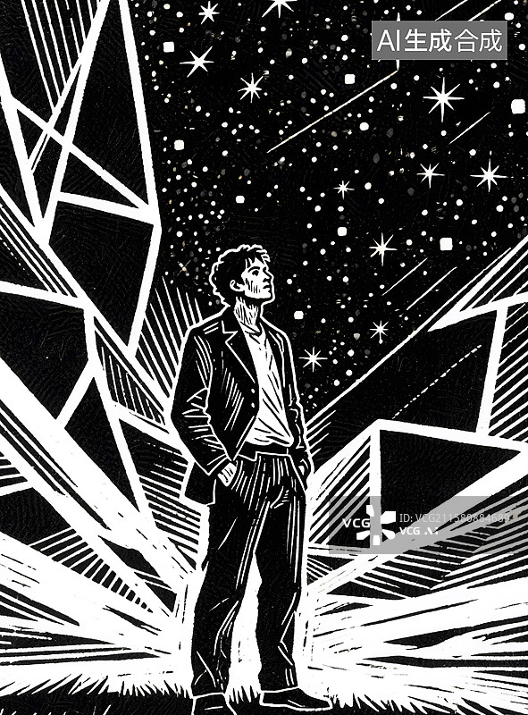 【AI数字艺术】版画脚踏实地仰望星空图片素材
