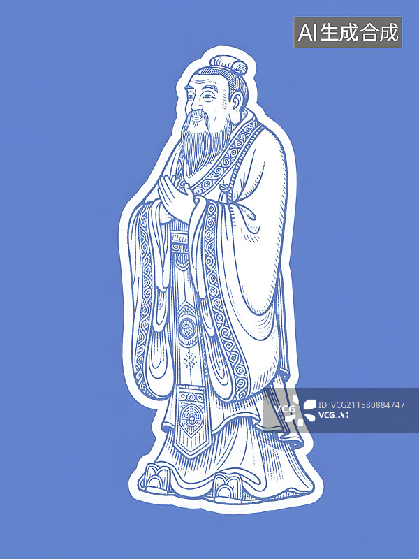 【AI数字艺术】蓝白风格孔子插画图片素材
