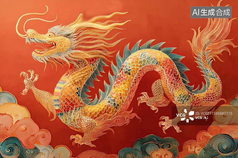 【AI数字艺术】红色背景，脚踏祥云的一条四爪金龙，龙年海报图片素材