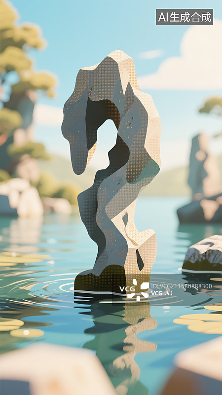 【AI数字艺术】水中太湖石插画图片素材