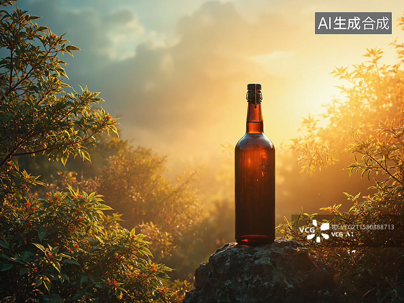【AI数字艺术】夕阳下的酒瓶图片素材