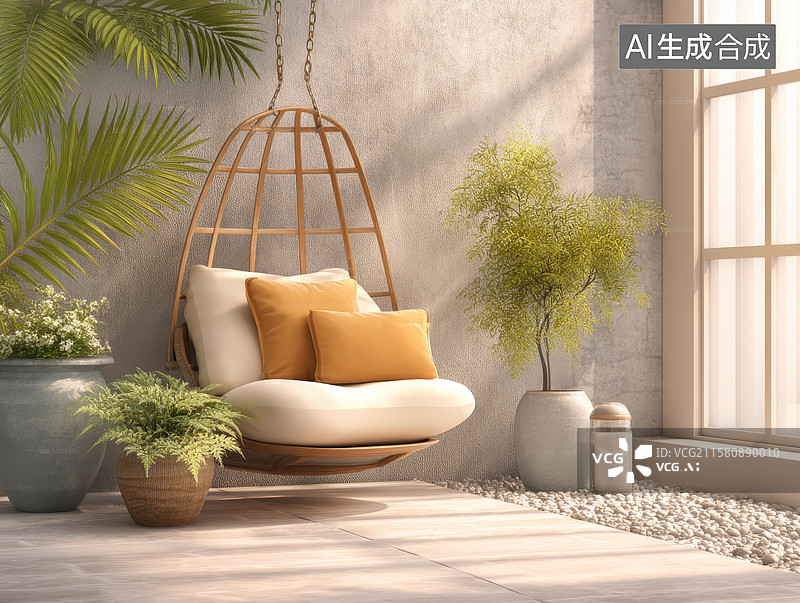 【AI数字艺术】室内绿植吊椅休闲角图片素材