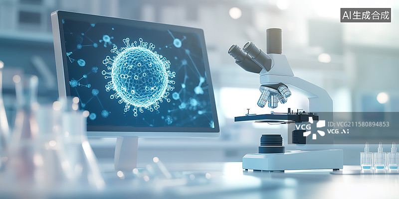 【AI数字艺术】实验室电子显微镜和电脑屏幕上显示出的细胞图像图片素材