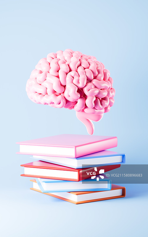 书本给大脑充电创意灵感概念3D渲染图片素材