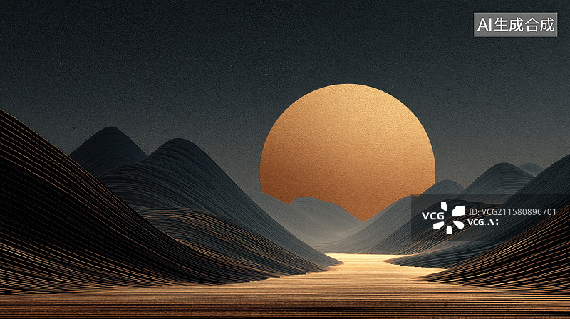 【AI数字艺术】日落山谷，橙色圆日悬于山间图片素材