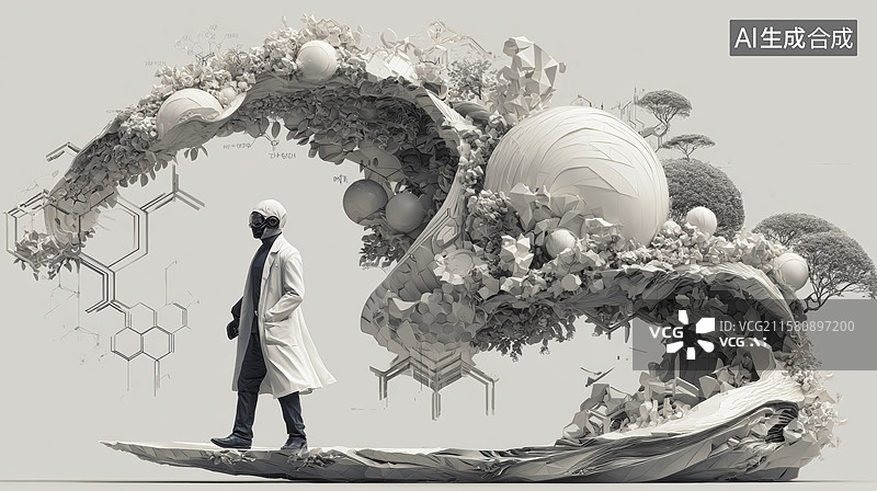 【AI数字艺术】科学家穿越分子结构的奇幻世界图片素材