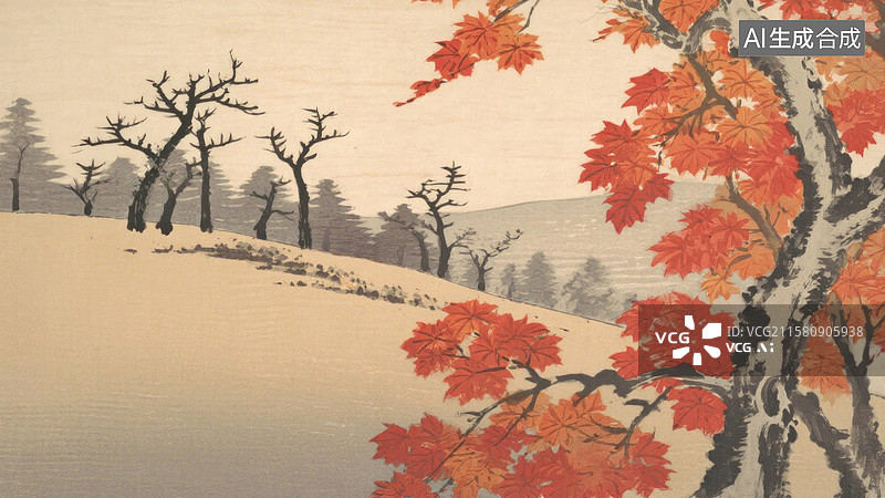 【AI数字艺术】东方意境秋色山林秋山红叶诗意画卷图片素材