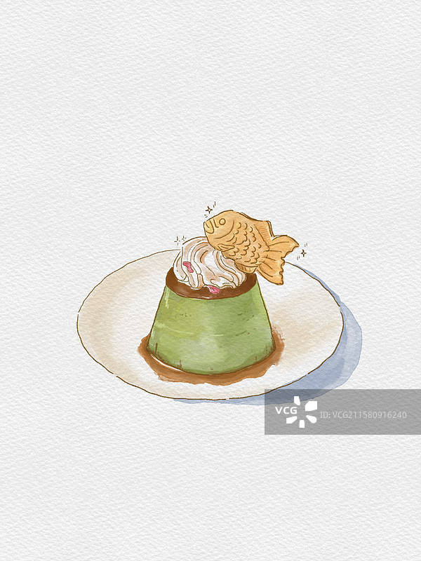 抹茶布丁水彩肌理插画图片素材