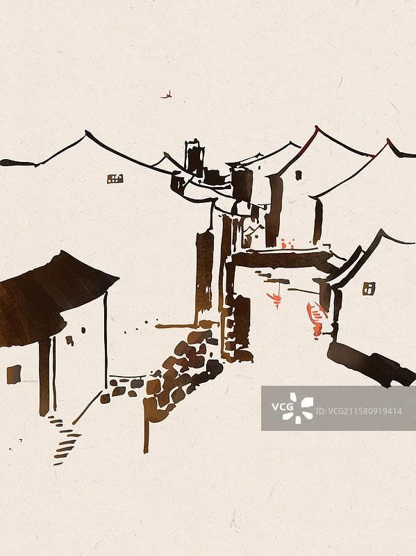 水墨风格徽派马头墙小桥流水风景插画图片素材