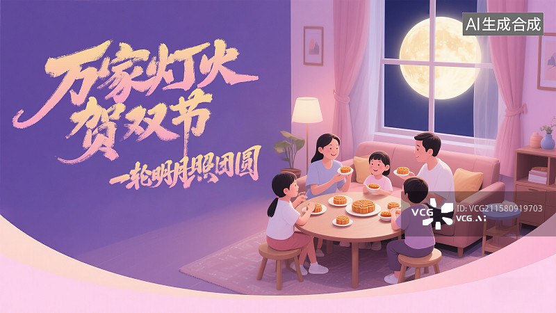 【AI数字艺术】中秋节国庆节双节海报模板横版一家人爸爸妈妈和孩子围坐在家里客厅茶几桌子前吃月饼赏月家庭聚会团圆饭插画图片素材