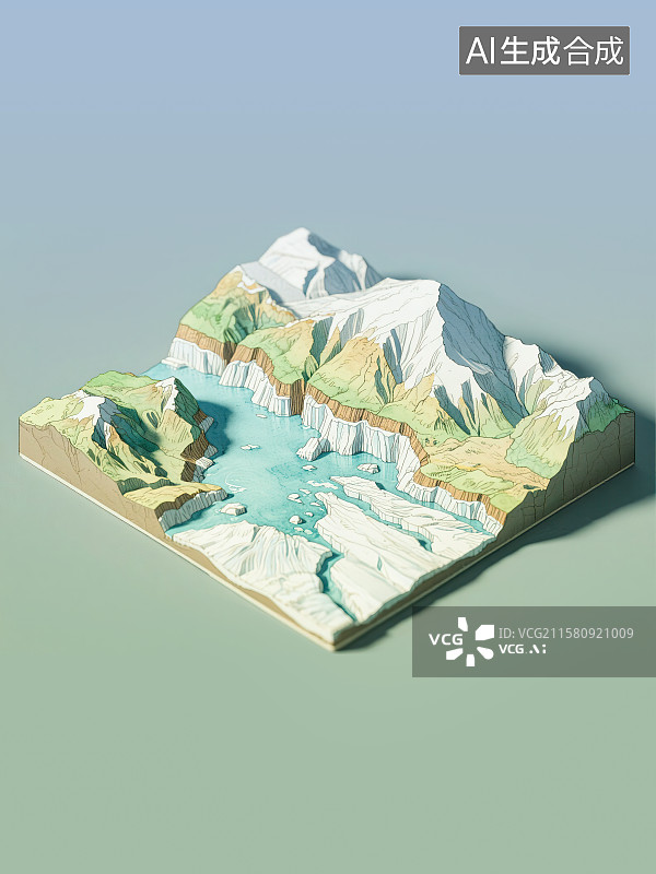 【AI数字艺术】冰川雪山融化概念自然地理地貌地形剖面图横截面断层钢笔淡彩手绘科普插图2.5D三维立体微缩景观模型场景图片素材