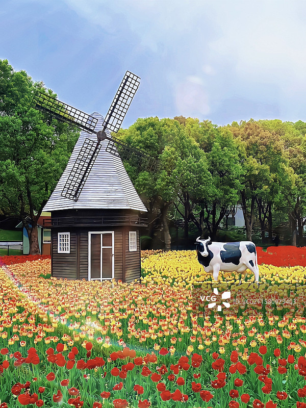 大宁公园的郁金香花海和风车、奶牛雕像图片素材