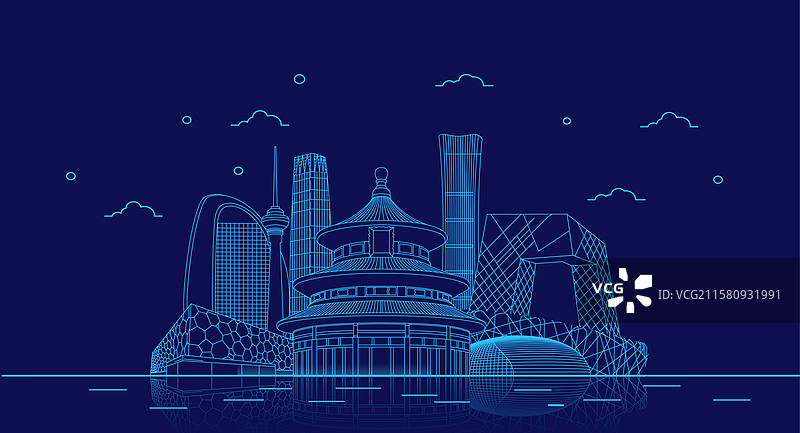 夜晚北京地标建筑群天际线线条蓝色科技矢量插画海报图片素材