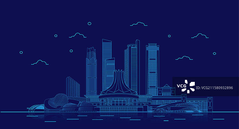 夜晚城市南宁地标建筑群天际线蓝色科技线条矢量插画海报图片素材