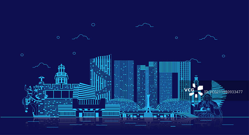 夜晚城市泉州地标建筑群天际线蓝色科技线条矢量插画海报图片素材