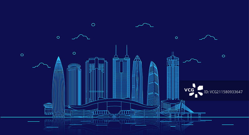 夜晚城市深圳地标建筑群天际线蓝色科技线条矢量插画海报图片素材