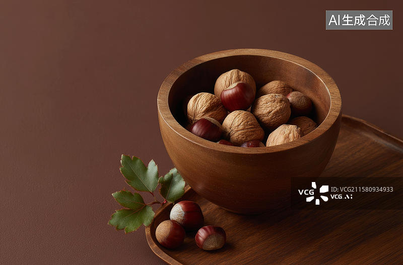 【AI数字艺术】木质碗装坚果与栗子图片素材
