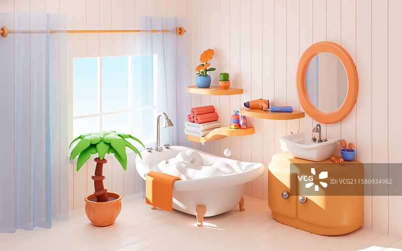 卡通室内带有浴缸的浴室3D渲染图片素材