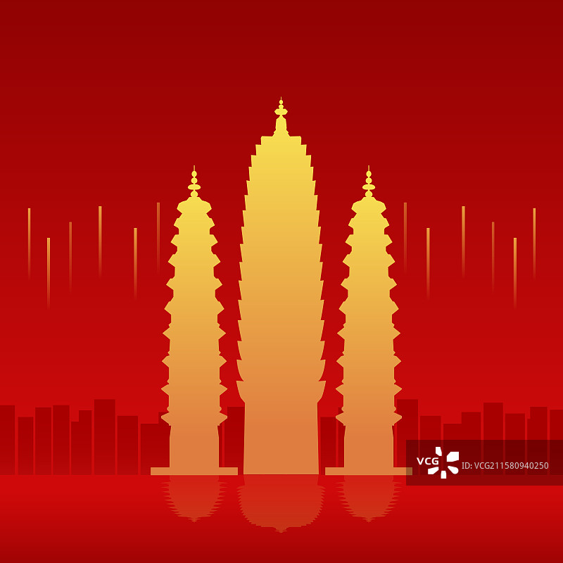 大理崇圣寺三塔红金高端新年春节签约仪式峰会商务年会研讨会展论坛背景邀请函矢量插画图片素材