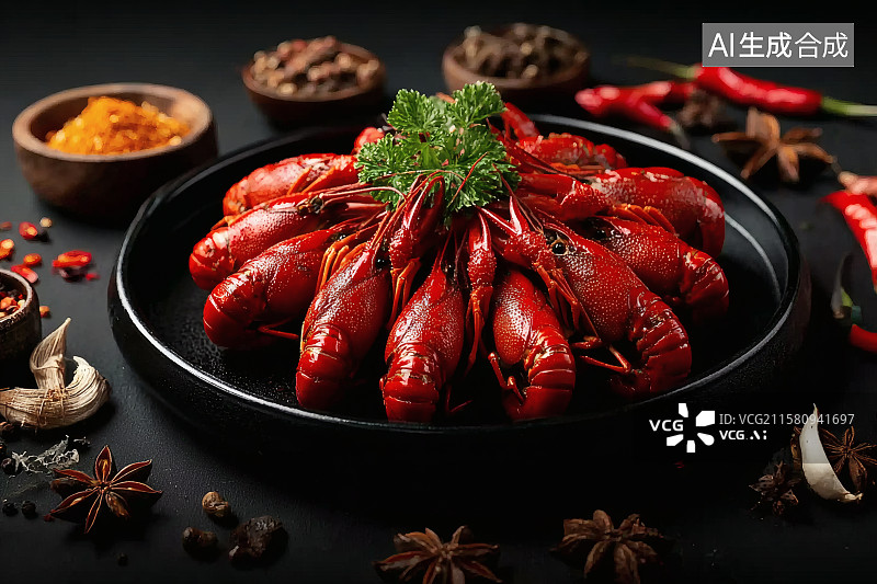 【AI数字艺术】一盘美味的十三香口味的小龙虾图片素材