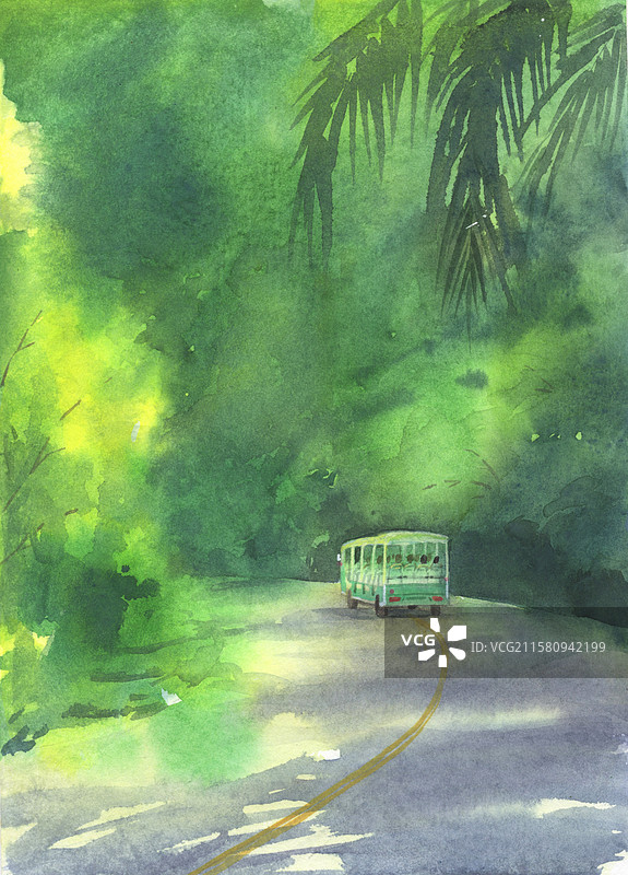 夏日公交车水彩手绘插画图片素材