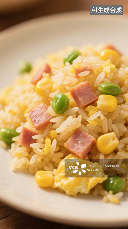 【AI数字艺术】一盘蛋炒饭，画面完整，有火腿粒，青豆、玉米粒。米粒修长饱满，色泽金黄诱人图片素材